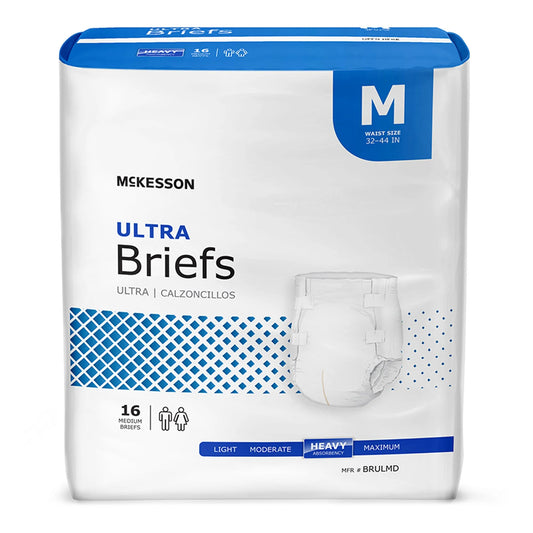 Ultra Incontinence Briefs - Absorbent, Disposable, Unisex - Medium, 16 Count, 6 Packs, 96 Total