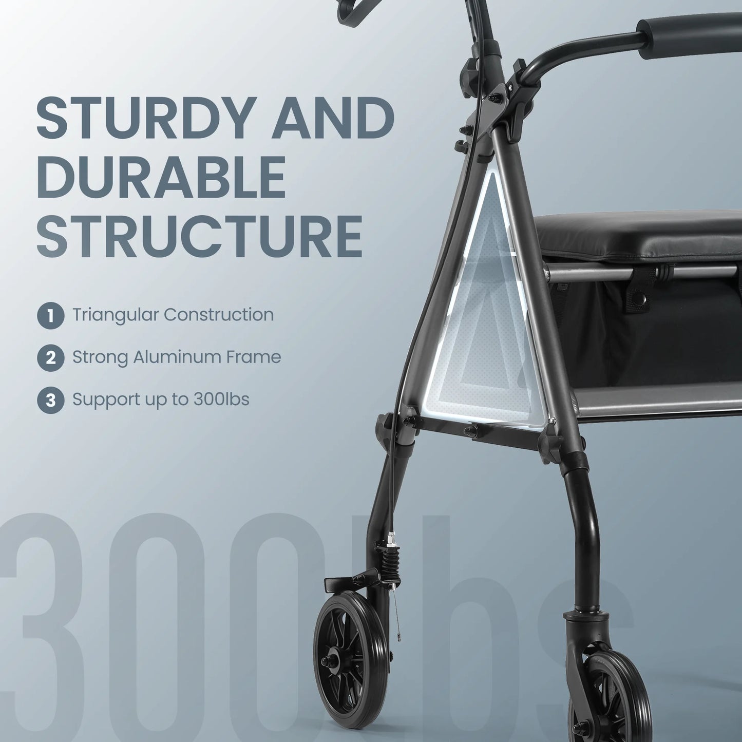 Rollator with text highlighting its sturdy and durable structure on a light gray background