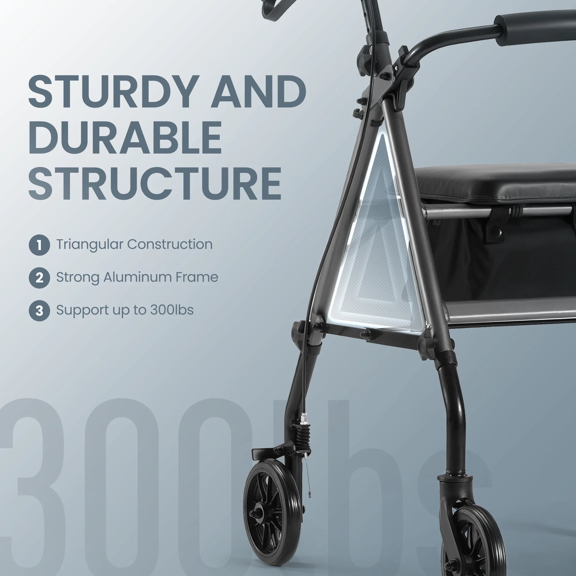 Rollator with text highlighting its sturdy and durable structure on a light gray background