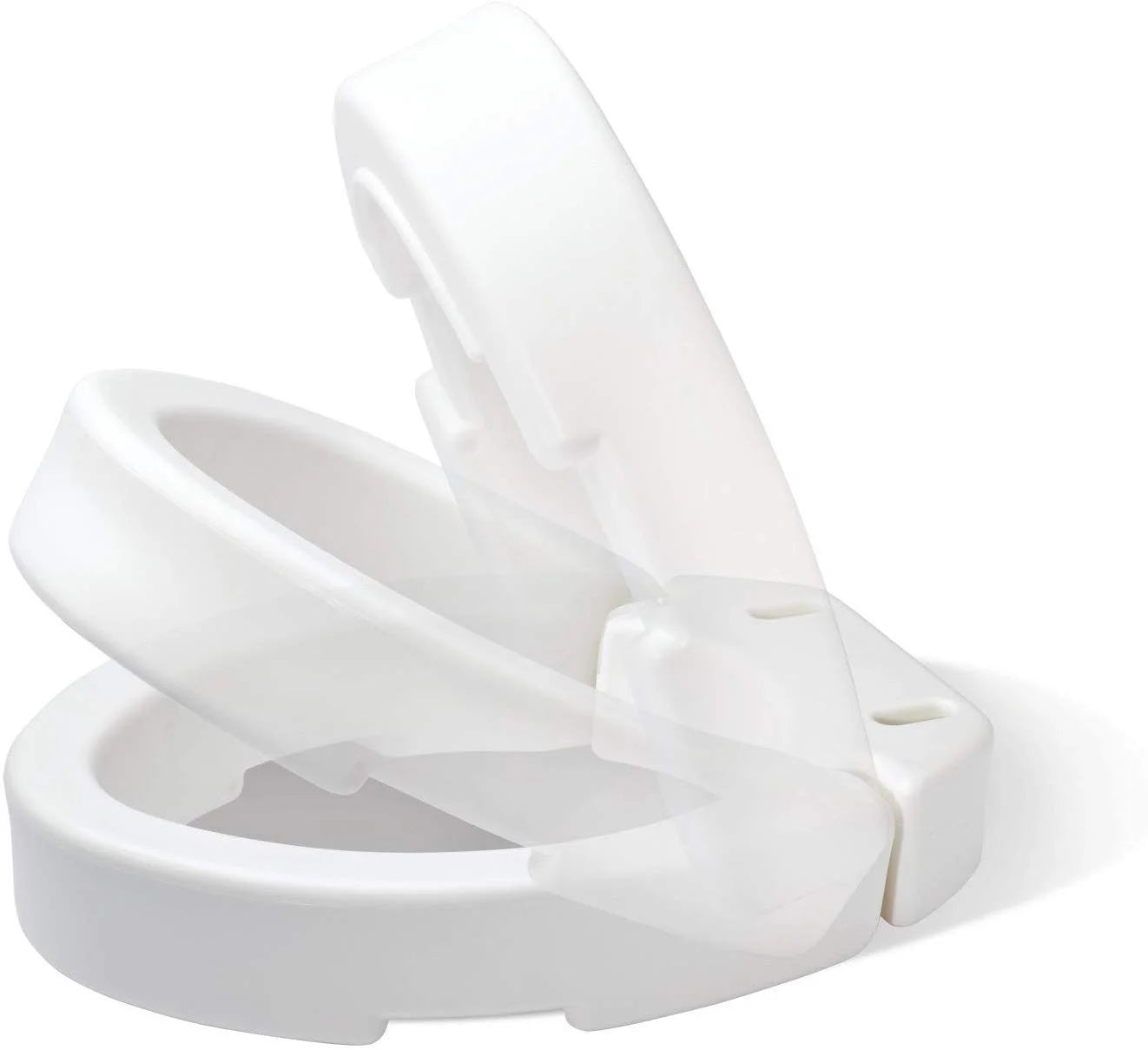 Side profile of Carex Elongated Toilet Seat showing contoured design and elevation for easier sit-to-stand transitions.