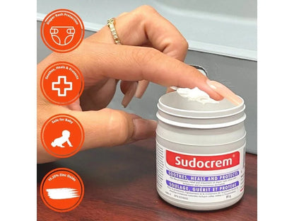 Sudocrem jar with a hand applying cream, surrounded by icons and text.

