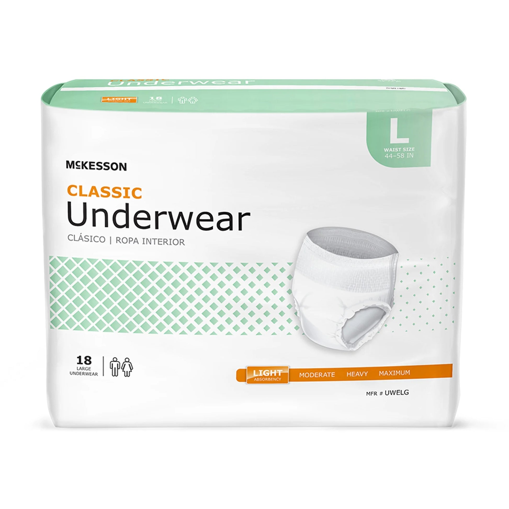 Classic Underwear, Incontinence, Light Absorbency, Large, 72 Ct