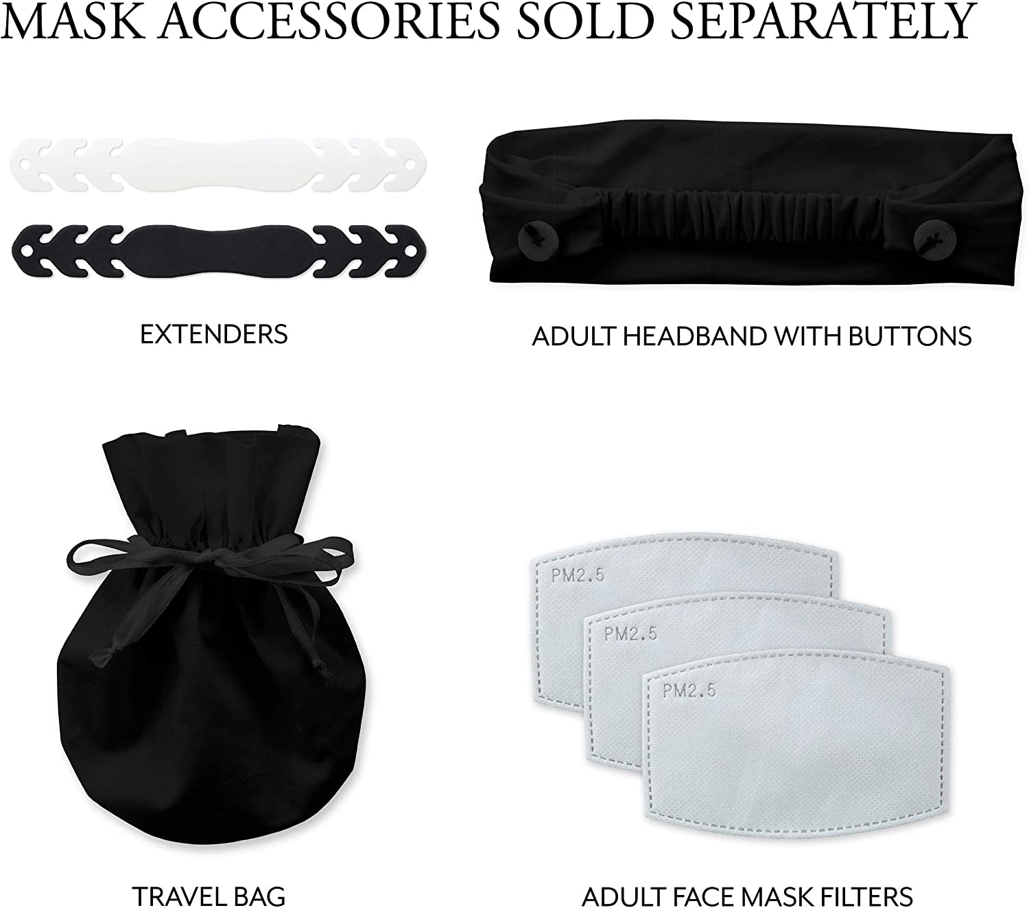 Collection of mask accessories including extenders, headband with buttons, travel bag, and face mask filters on a white background.


