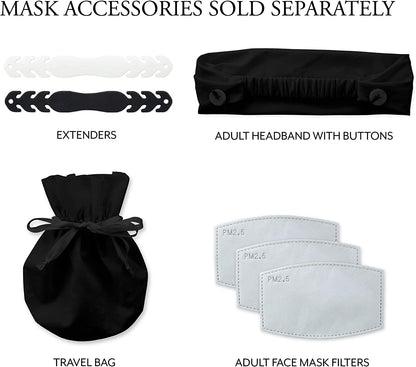Collection of mask accessories including extenders, headband with buttons, travel bag, and face mask filters on a white background.

