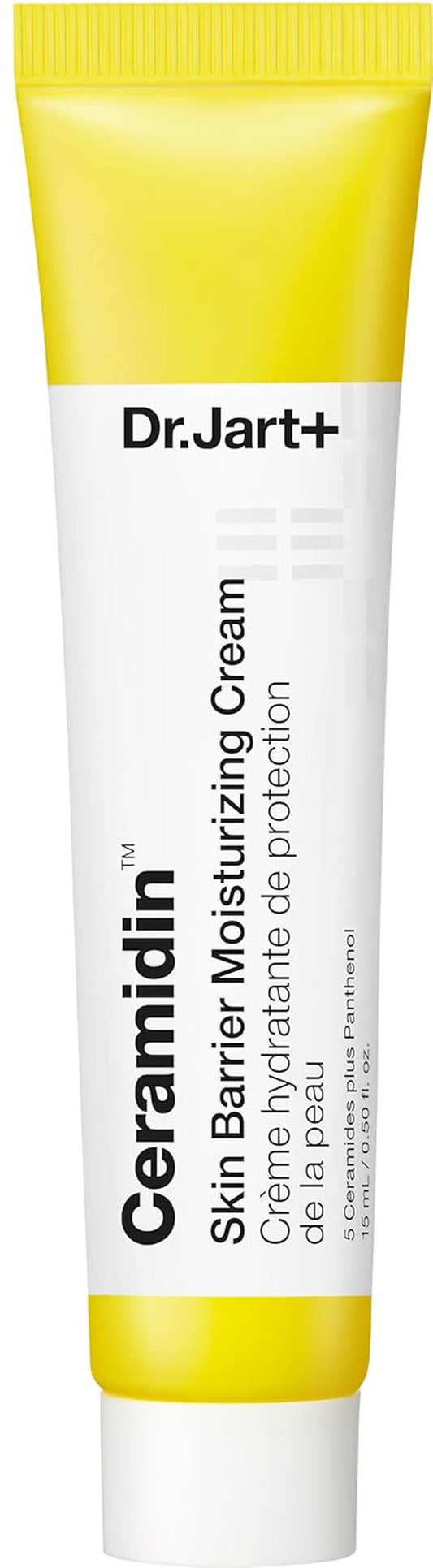 Dr. Jart+ Ceramidin Skin Barrier Moisturizing Cream tube with yellow and white design.

