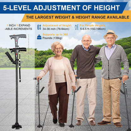 Walking Canes for Men and Women, Foldable, Adjustable, Aluminum Canes with LED Flashlight, Fall Alarm, Free Standing Cane, Pivot Tip, Heavy Duty Walking Sticks for Seniors & Adults