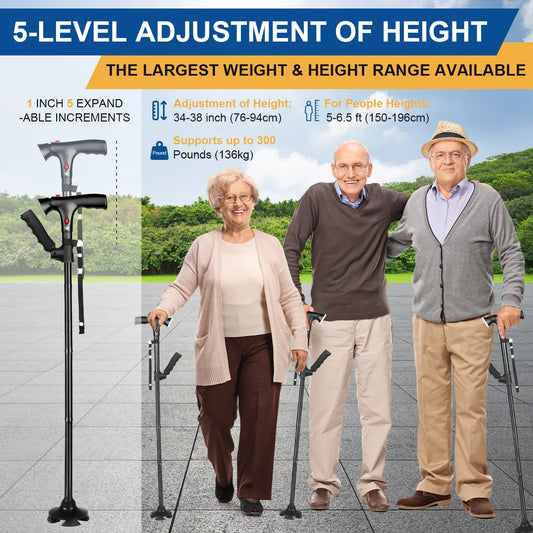Walking Canes for Men and Women, Foldable, Adjustable, Aluminum Canes with LED Flashlight, Fall Alarm, Free Standing Cane, Pivot Tip, Heavy Duty Walking Sticks for Seniors & Adults