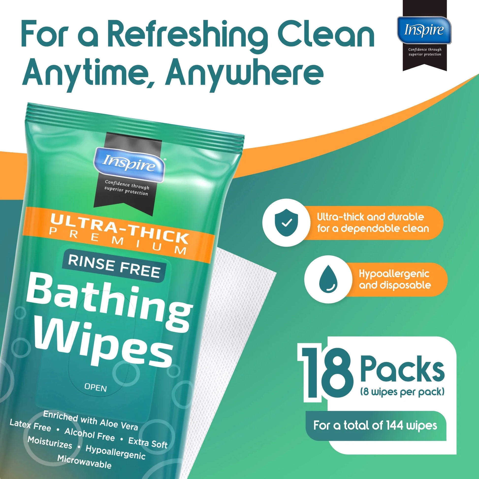 Package of Ultra-Thick Premium Rinse Free Bathing Wipes with branding and product details on a green and orange background.