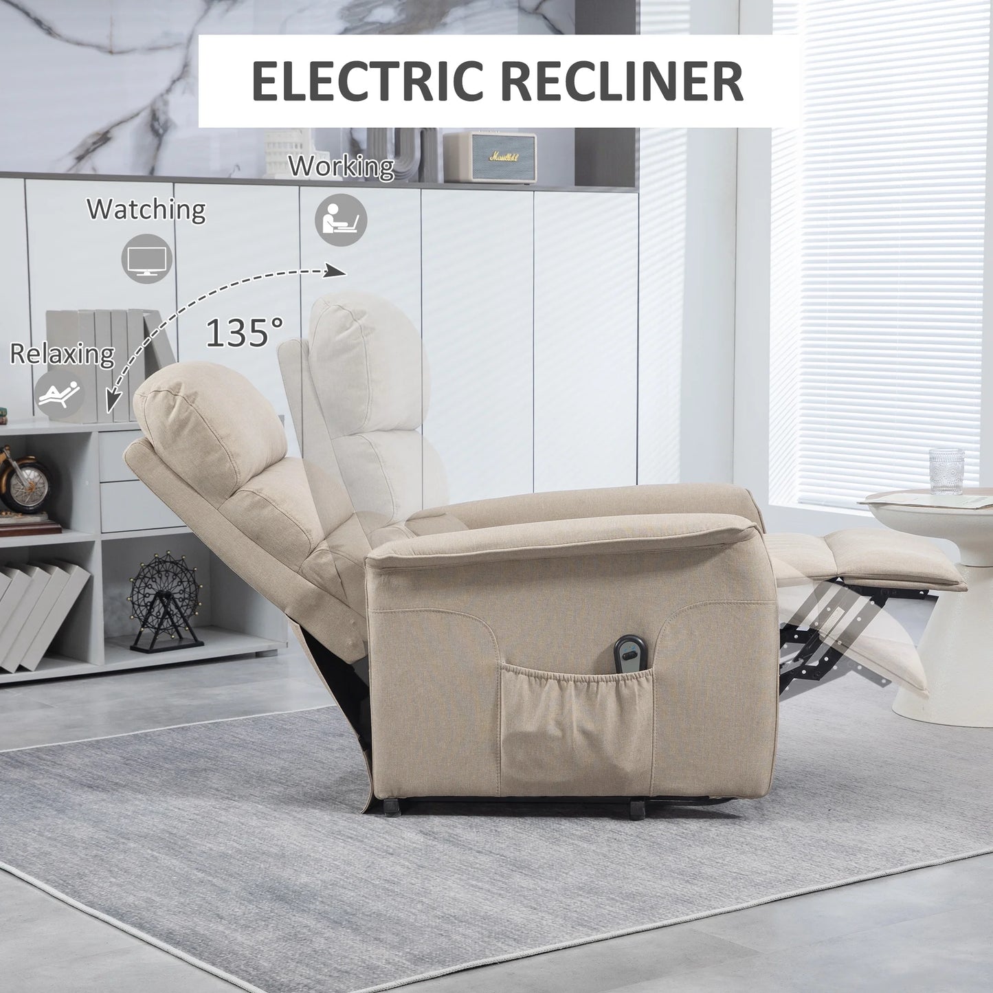 Beige electric recliner chair in a living room setting with labeled positions for 'Working', 'Watching', and 'Relaxing'.