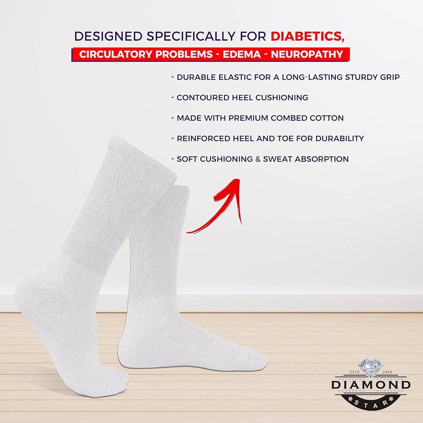 White diabetic socks with text highlighting features on a light gray background