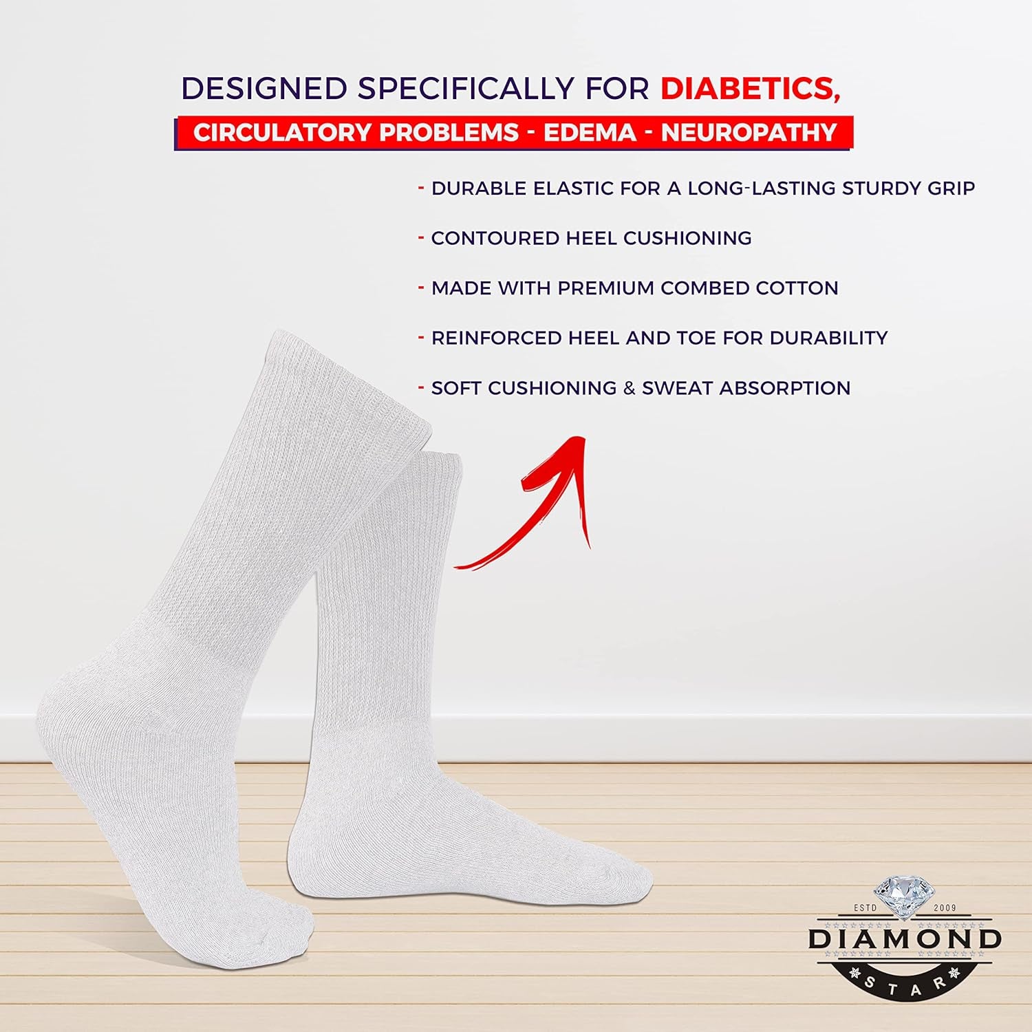 White diabetic socks with text highlighting features on a light gray background
