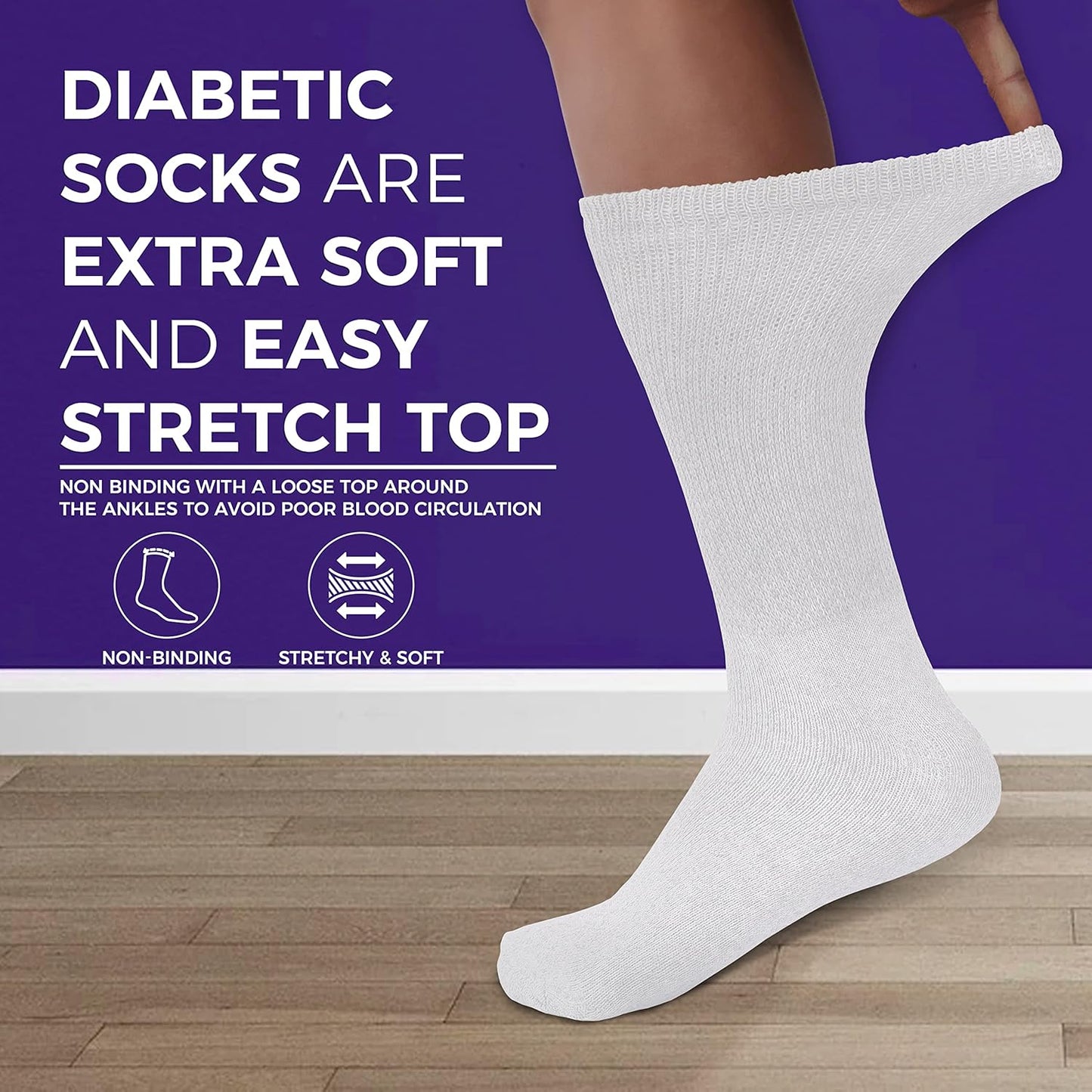 White diabetic sock on a wooden floor with promotional text about softness and stretch top design.