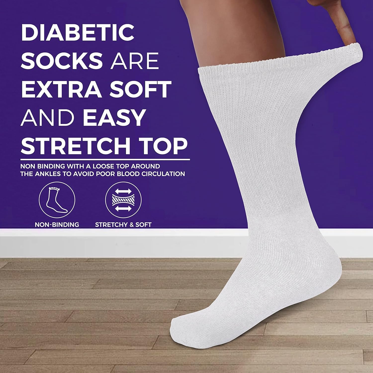 White diabetic sock on a wooden floor with promotional text about softness and stretch top design.