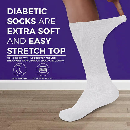 White diabetic sock on a wooden floor with promotional text about softness and stretch top design.