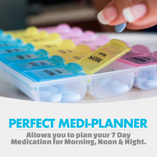 Colorful pill organizer with labeled compartments and text about medication planning.

