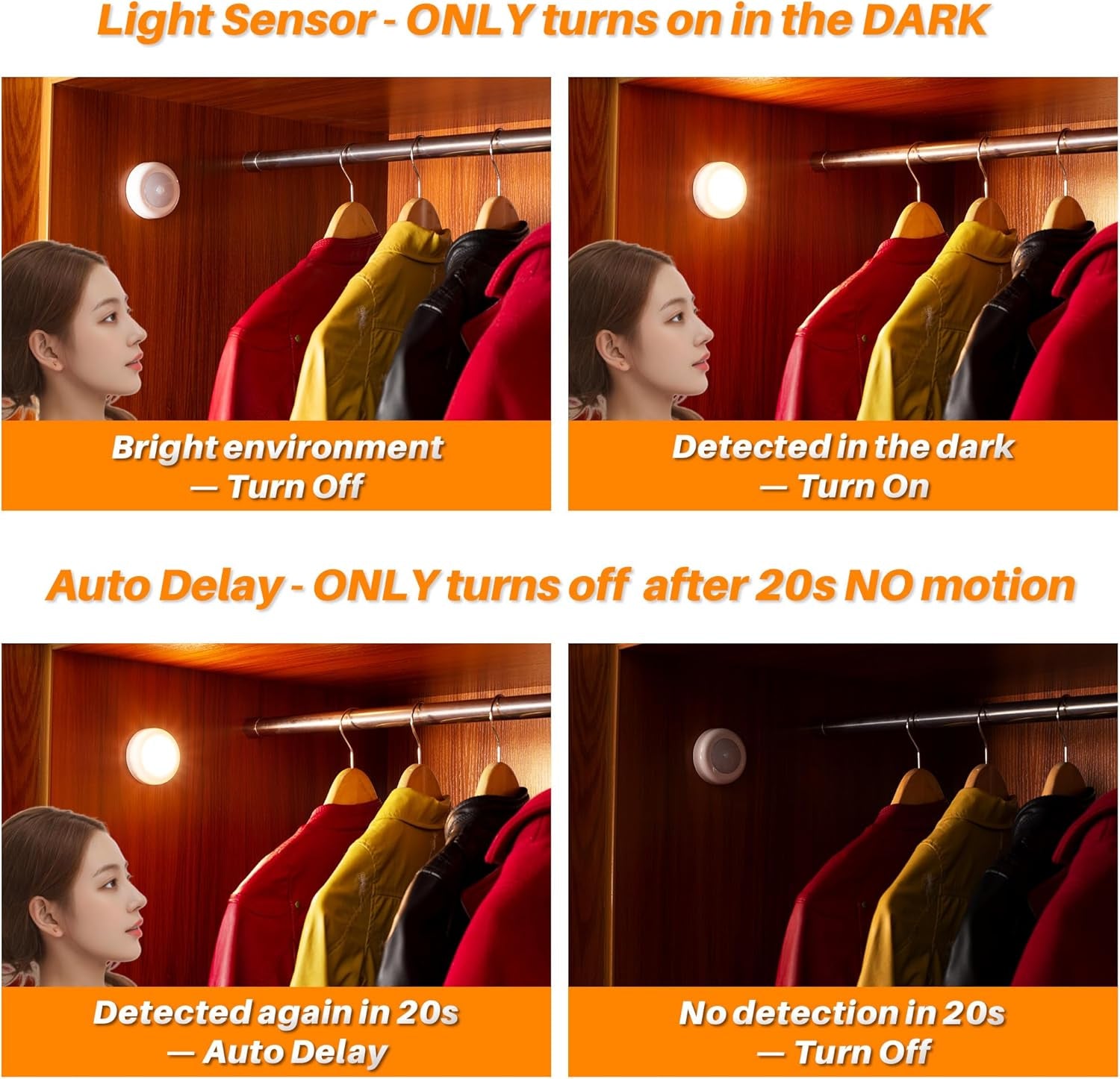 Light sensor demonstration with a person looking at clothes on hangers, showing light activation and delay in a dark room.

