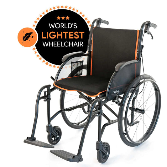 World's lightest wheelchair with a badge on a white background