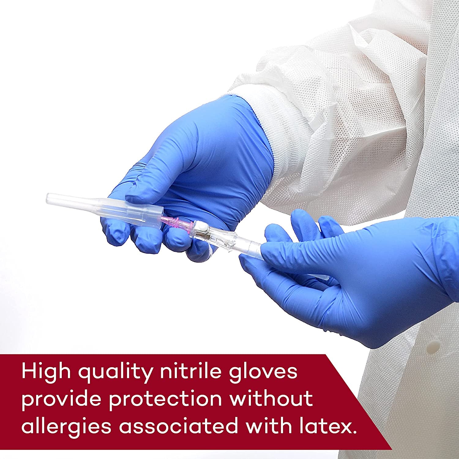 Hands wearing Dealmed medium nitrile gloves. Designed for medical exams, first aid, and hygiene tasks.