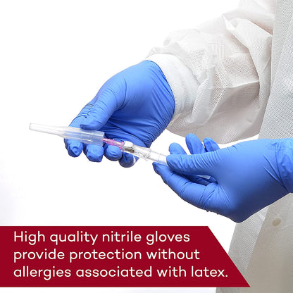 Hands wearing Dealmed medium nitrile gloves. Designed for medical exams, first aid, and hygiene tasks.