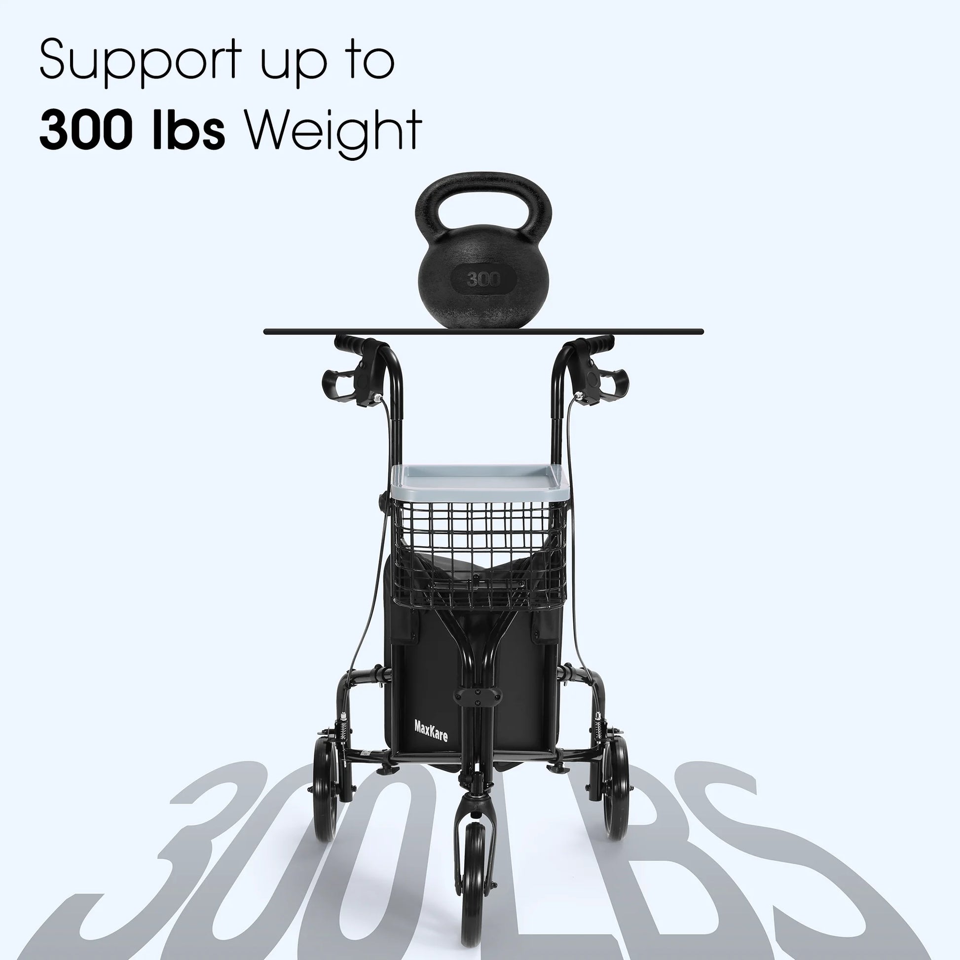 Black shopping cart with a kettlebell on top, supporting up to 300 lbs weight.