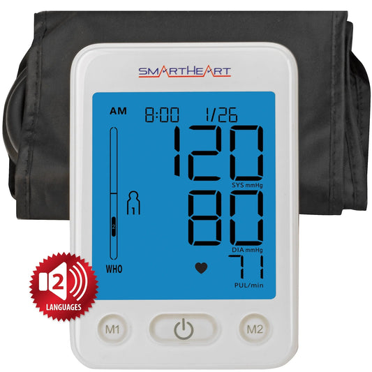 Digital blood pressure monitor with blue display and black arm cuff on a white background