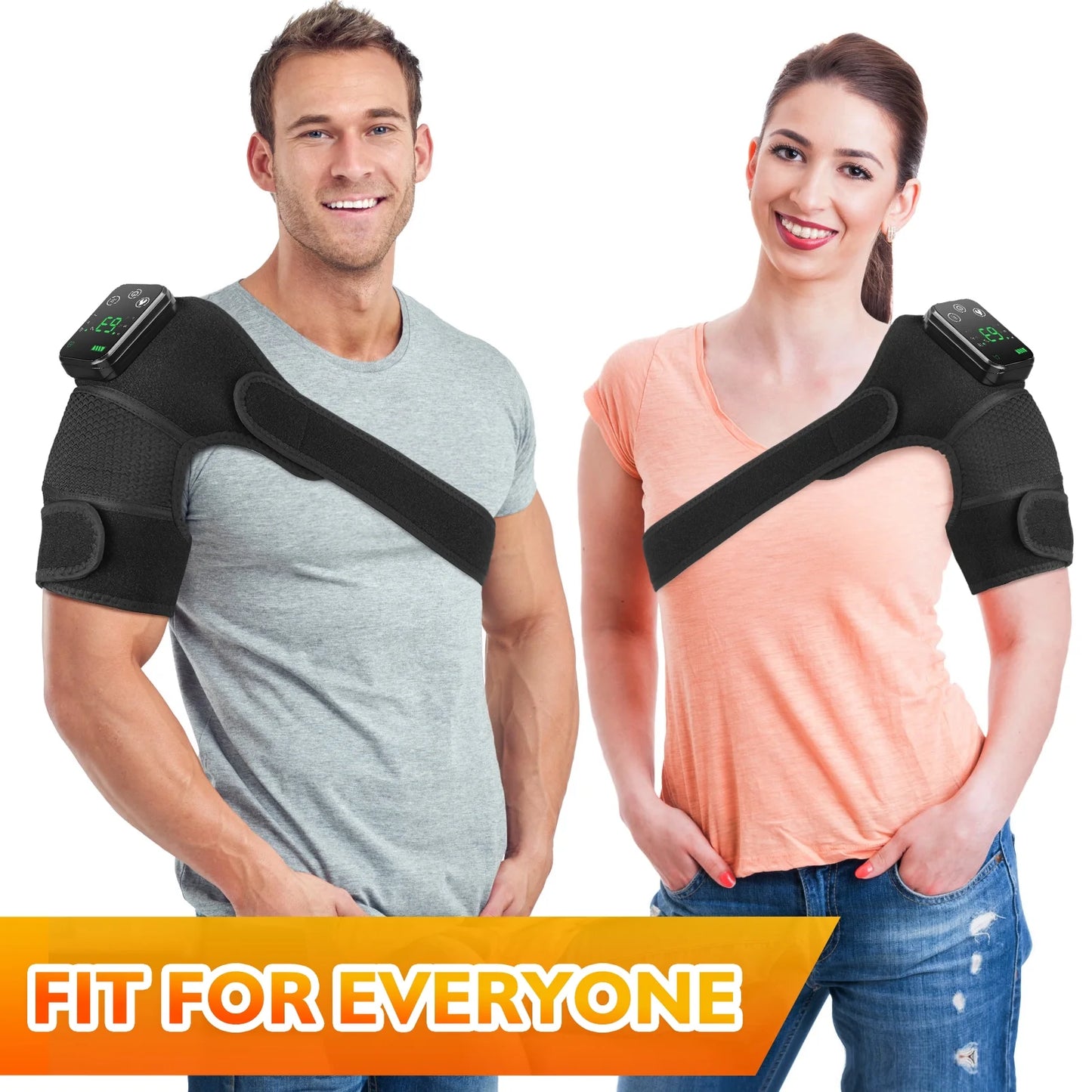 Two people wearing black shoulder braces with a text overlay 'Fit for Everyone' on a white background.

