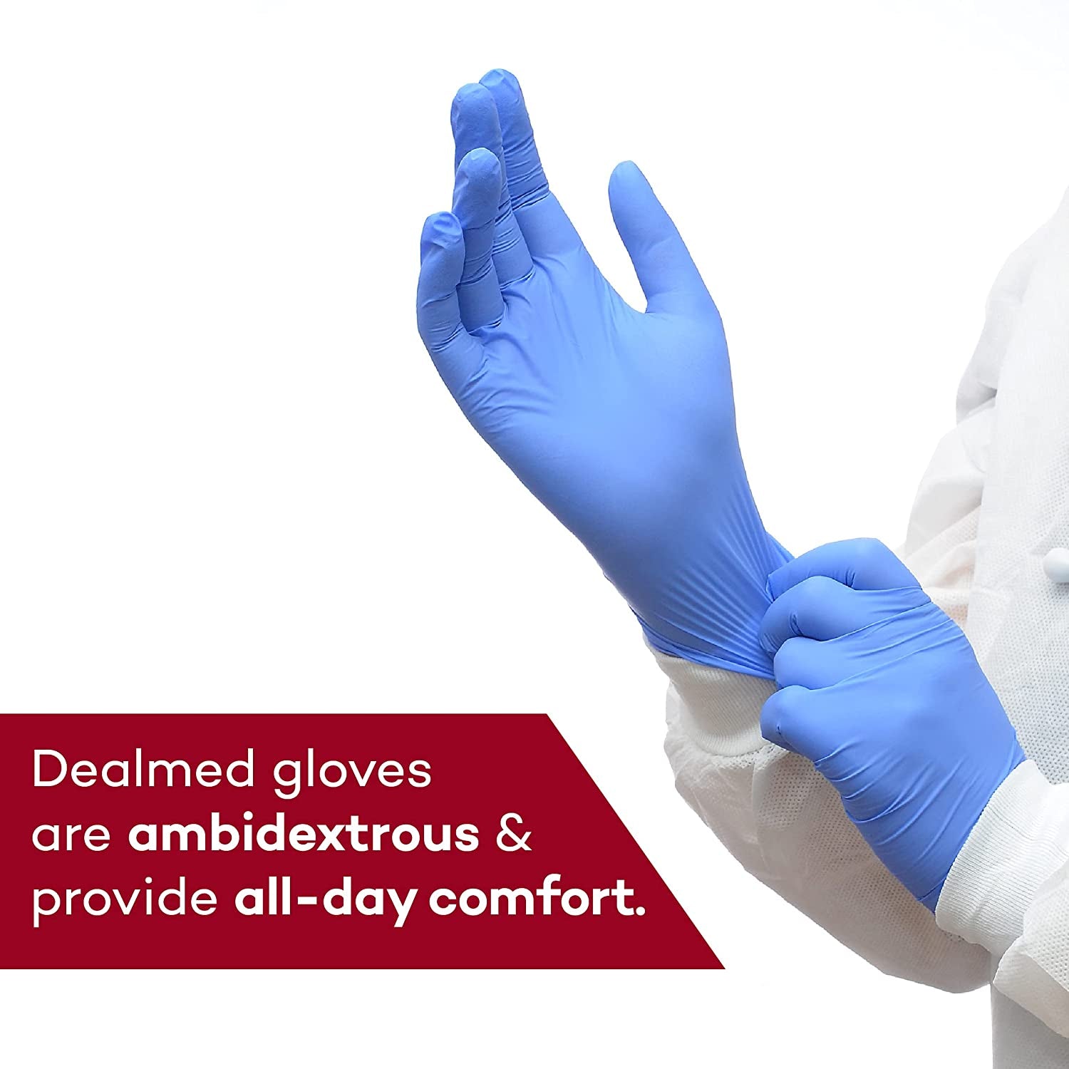 Hands wearing Dealmed medium nitrile gloves. Designed for medical exams, first aid, and hygiene tasks.