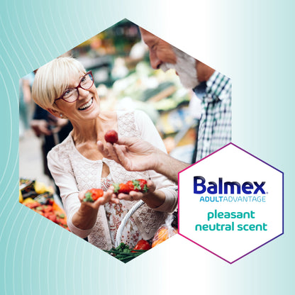 Woman holding strawberries with a person behind her, Balmex logo on a light blue background


