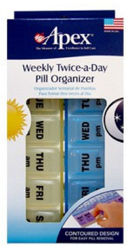 Apex weekly twice-a-day pill organizer packaging with illustrations of a sun, hand, and moon.

