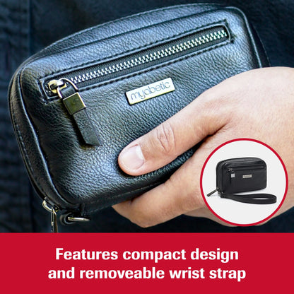 Hand holding a black leather wallet with 'myabetic' branding, featuring a compact design and removable wrist strap.