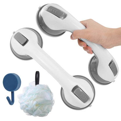 Handheld shower grab bar with suction cups and a bath pouf on a white background

