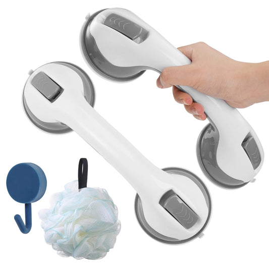 Handheld shower grab bar with suction cups and a bath pouf on a white background

