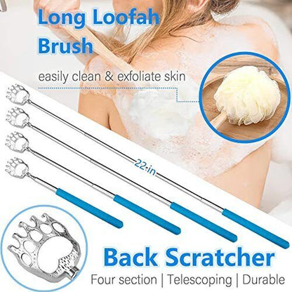 Long loofah brush with telescoping handle and back scratcher attachment, used for cleaning and exfoliating skin.

