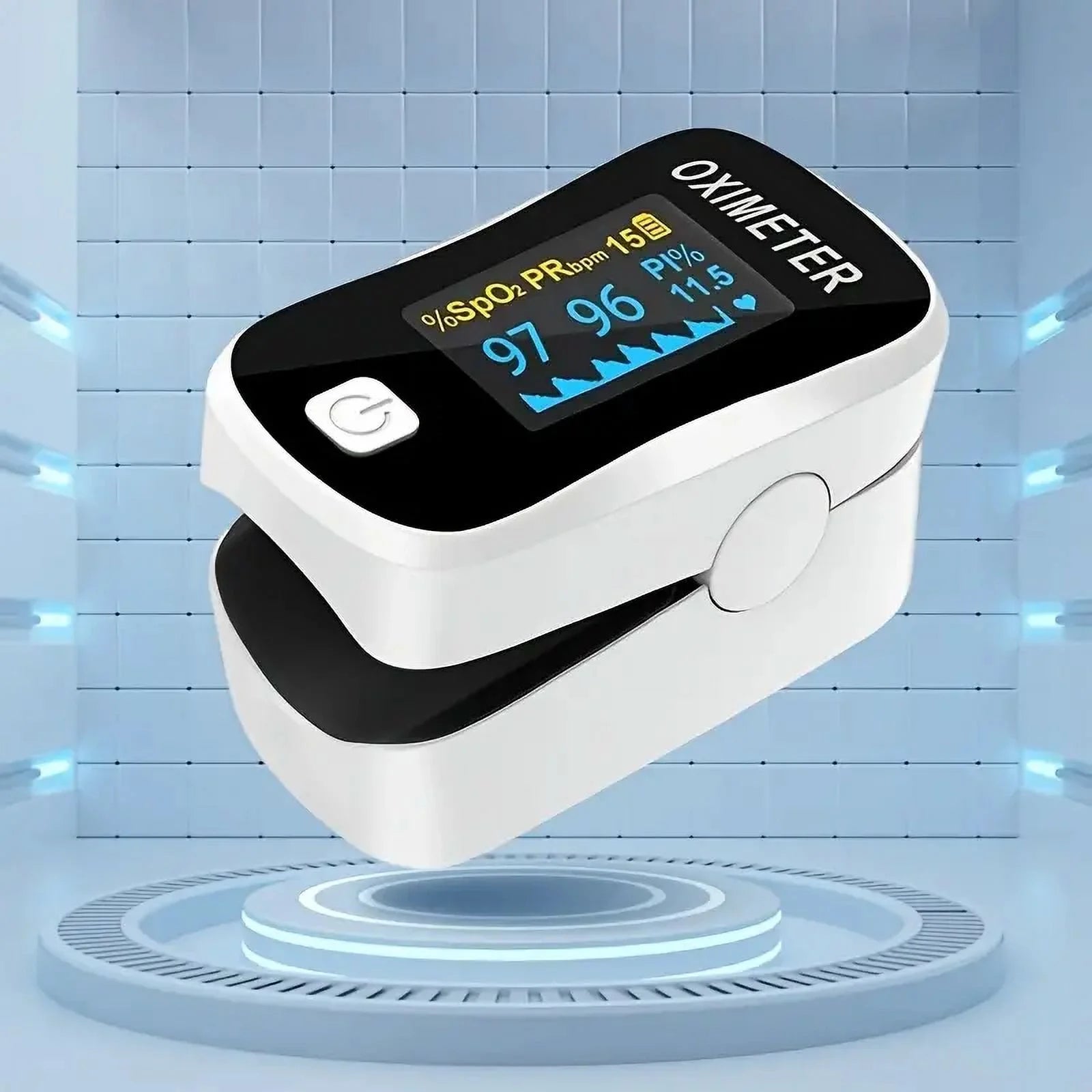 Finger oximeter on a light blue background

