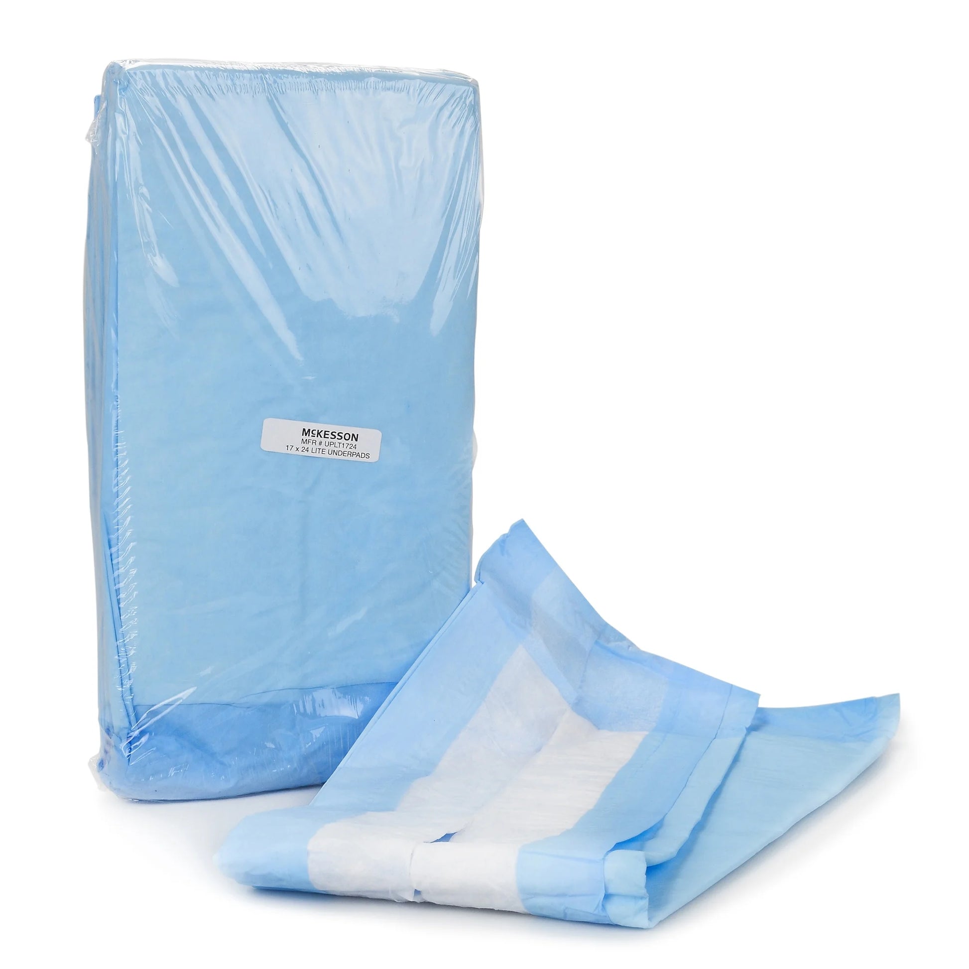 Blue disposable bed pads with a visible brand label on a white background