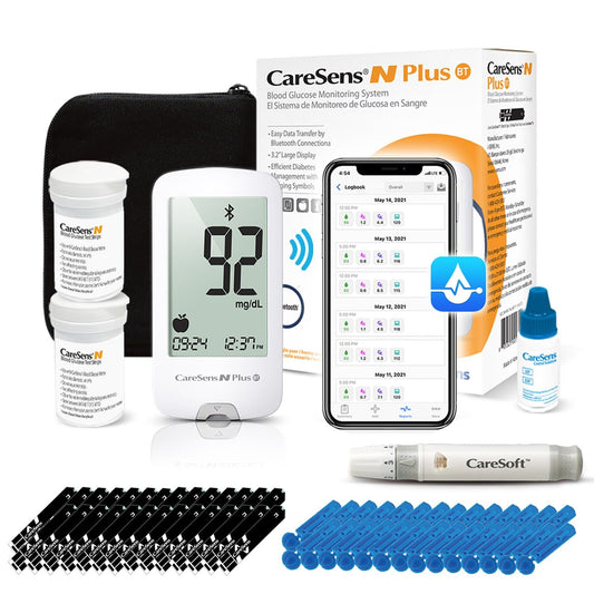 CareSens N Plus blood glucose monitoring system with components on a white background
