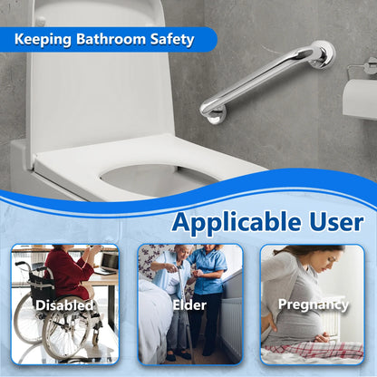 Bathroom safety grab bar with text indicating its use for disabled, elder, and pregnant users.


