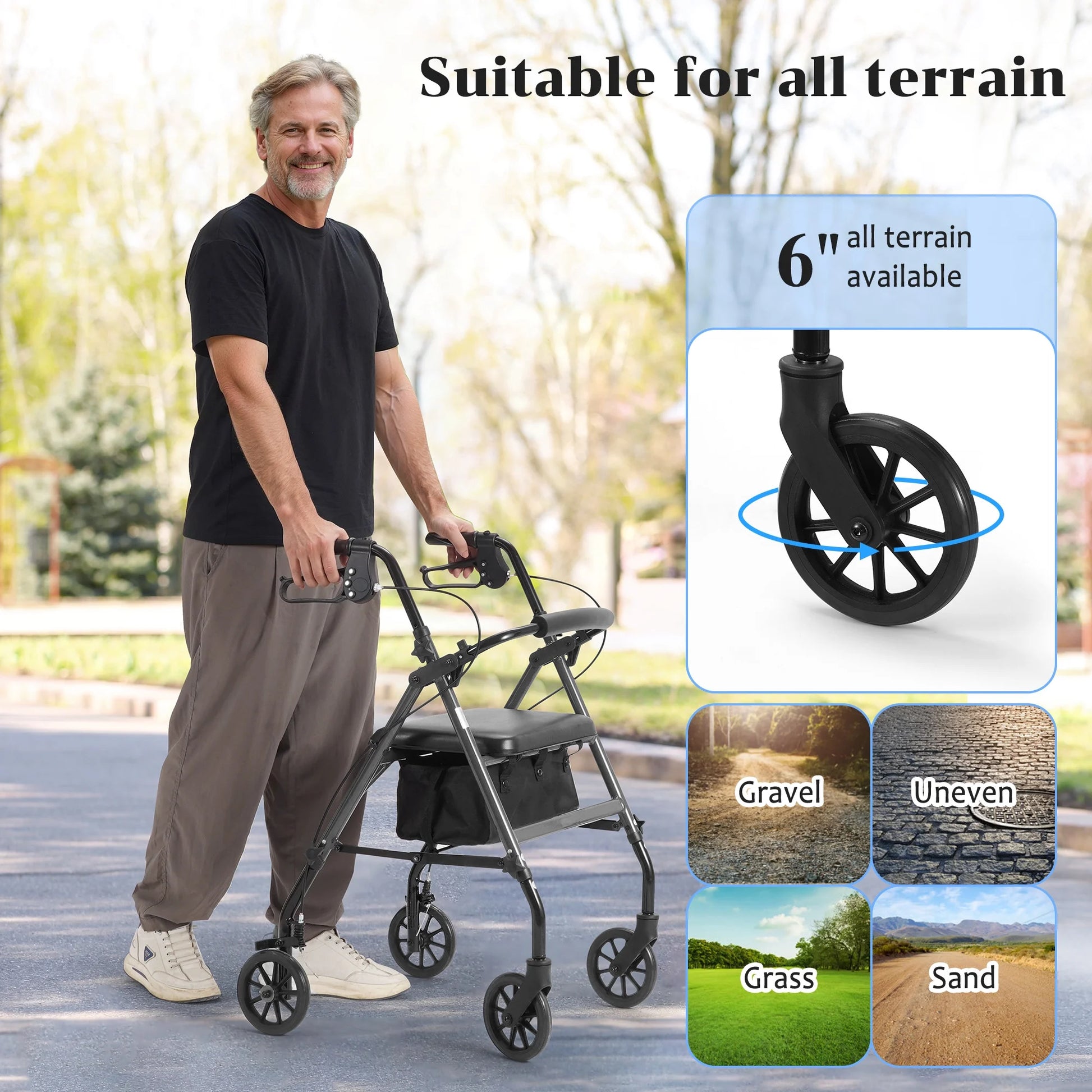Man using a rollator with large wheels labeled 'Suitable for all terrain' in an outdoor setting.

