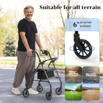 Man using a rollator with large wheels labeled 'Suitable for all terrain' in an outdoor setting.

