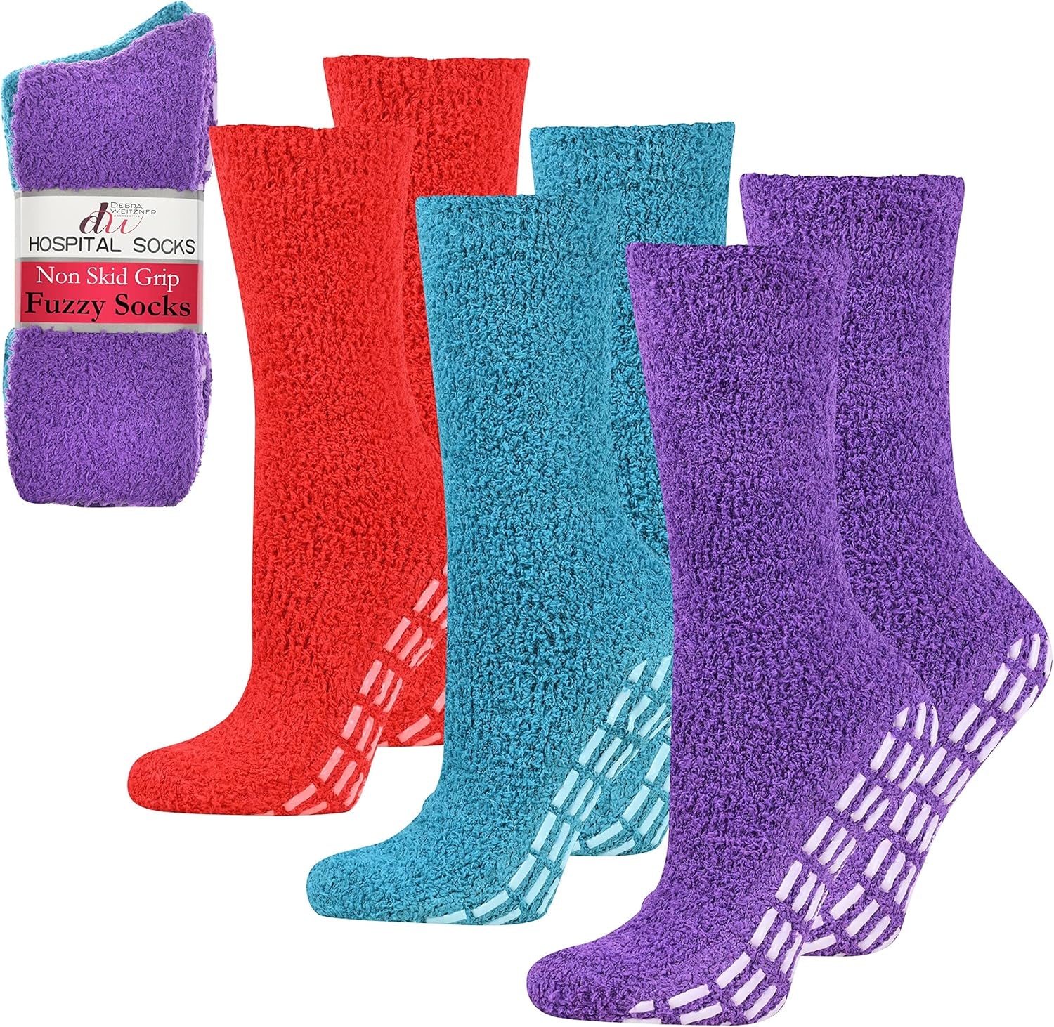 Set of colorful fuzzy socks with non-skid grip on a white background