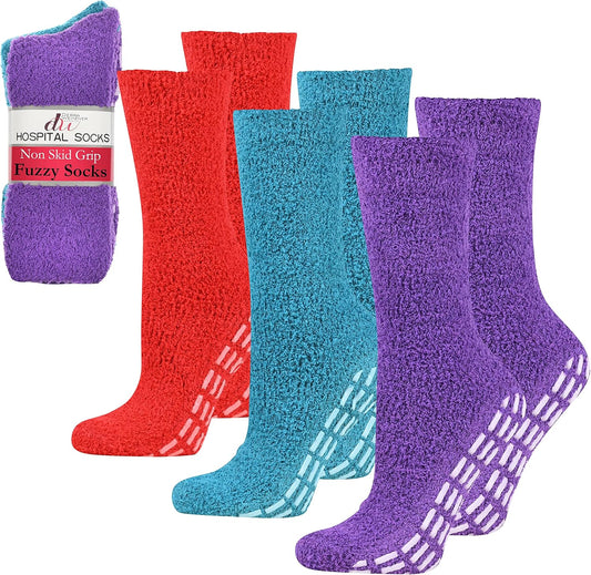 Set of colorful fuzzy socks with non-skid grip on a white background