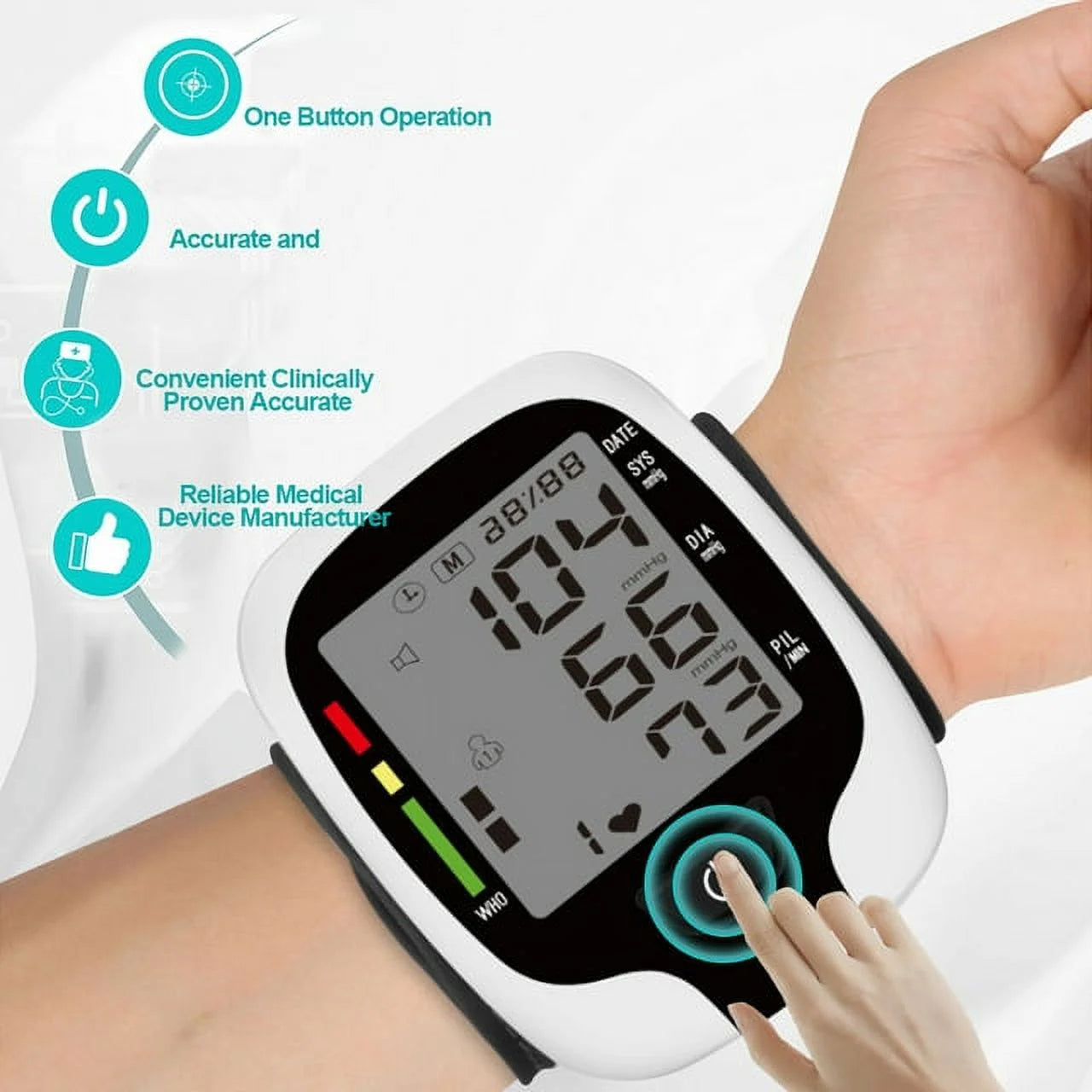 Wrist blood pressure monitor with digital display on a wrist, showing measurement details.

