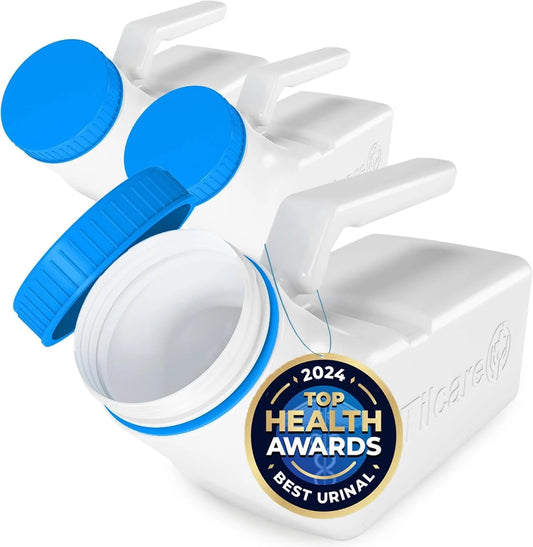 White urinal with blue lids and '2024 Top Health Awards Best Urinal' badge on a white background

