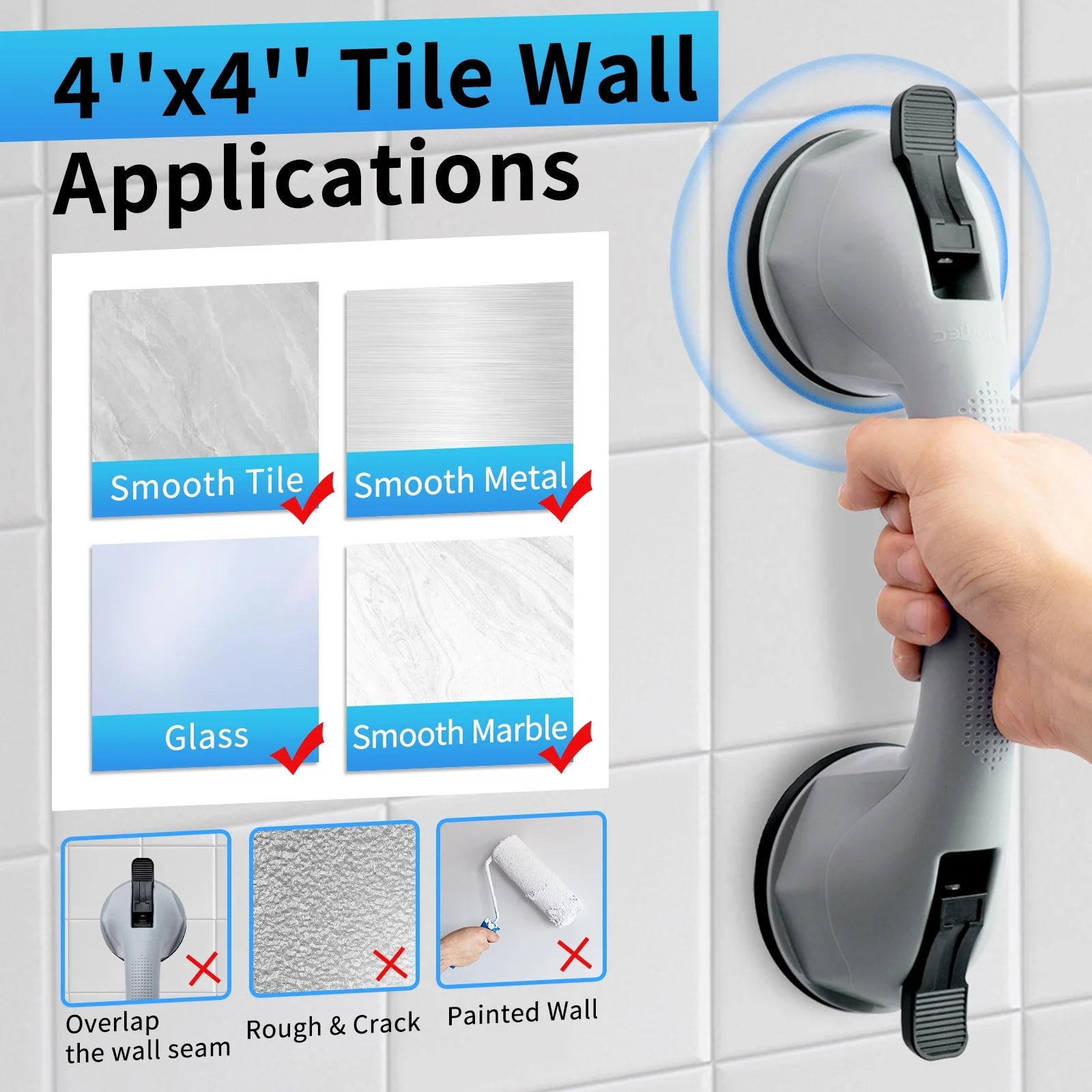 Handheld cleaning tool with text on tile wall applications