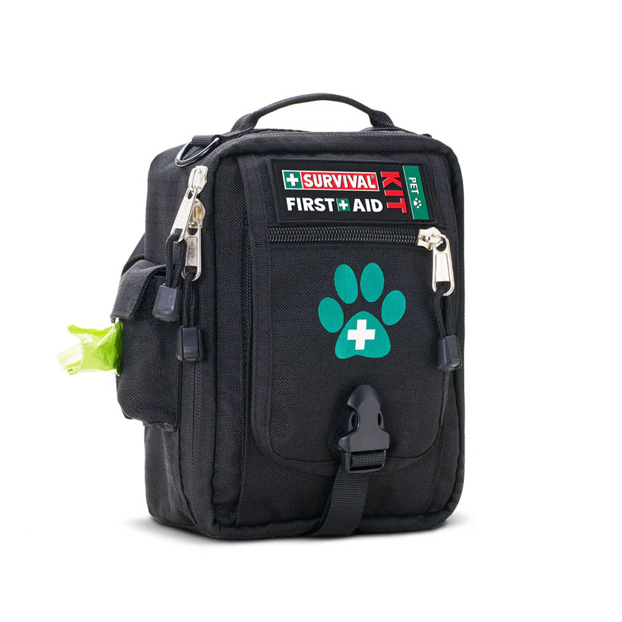 Black first aid kit bag with survival and first aid labels on a white background

