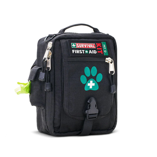 Black first aid kit bag with survival and first aid labels on a white background


