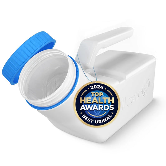 White urinal with blue cap and 'Top Health Awards 2024 Best Urinal' label on a white background

