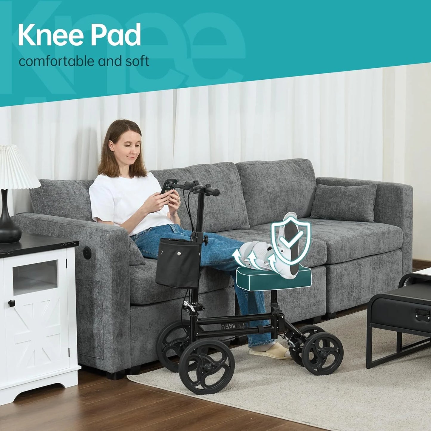 Woman using a knee pad in a living room setting with a scooter.

