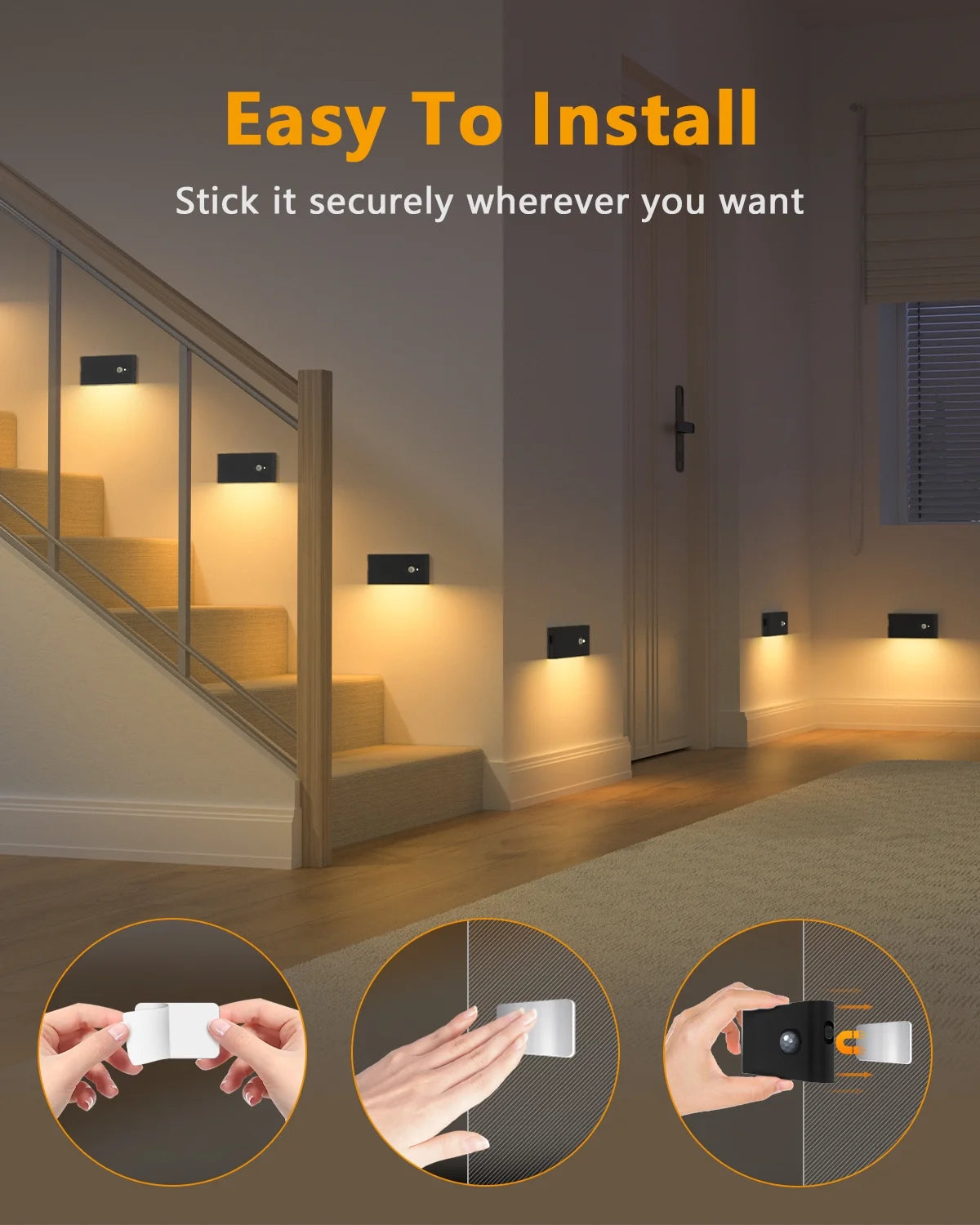 Stair Lights Indoor, Rechargeable Motion Sensor Night Lights, Battery Operated, Warm White, Wireless Stick on Light for Hallway Entry Stairs Bathroom Kitchen Garage Laundry, 6 Pack