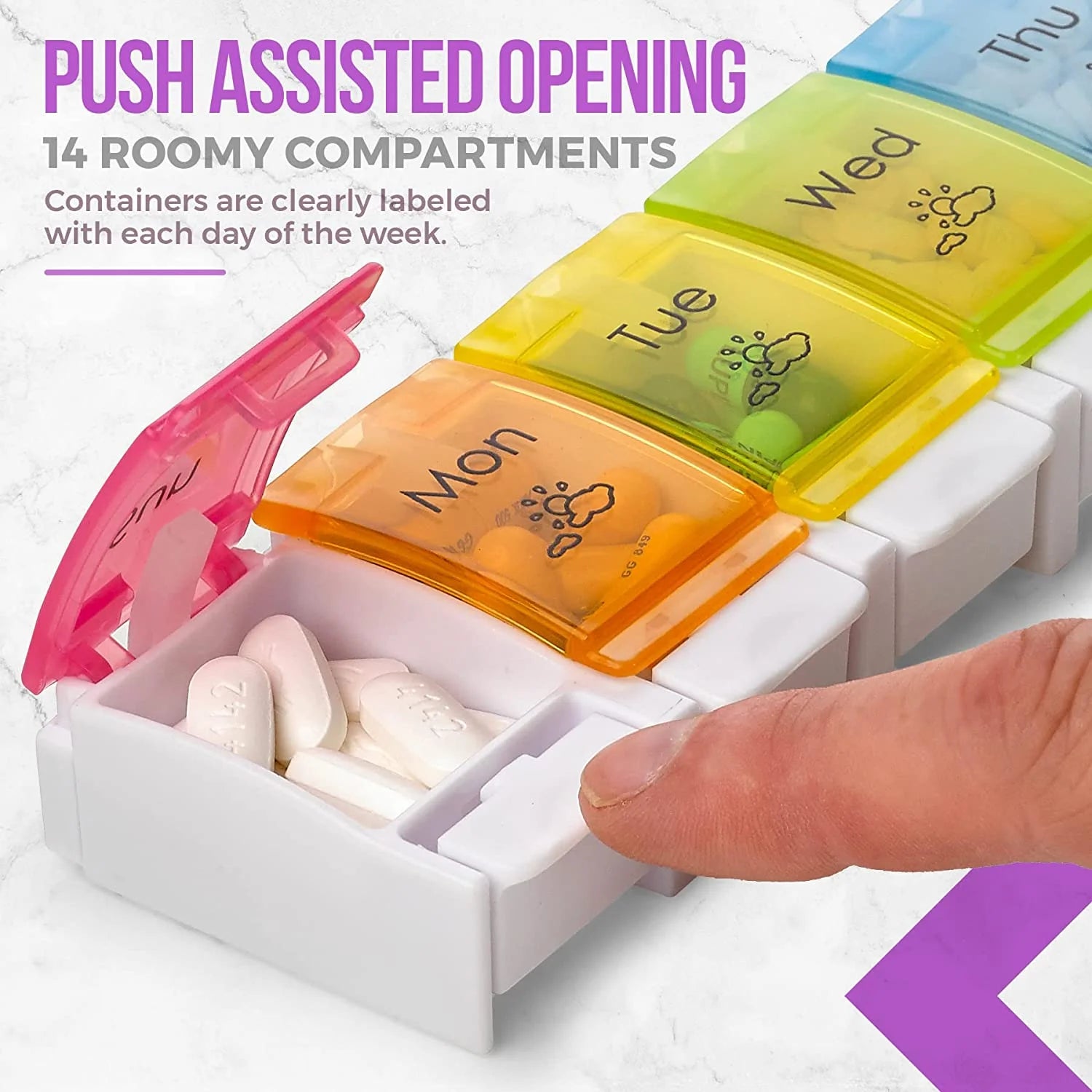 Multicolored pill organizer with push-assisted opening mechanism on a white background

